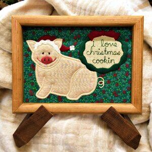 Valories Folk Art Pig Applique Framed 8 x 6" Vintage 80s I Love Christmas Cookin
